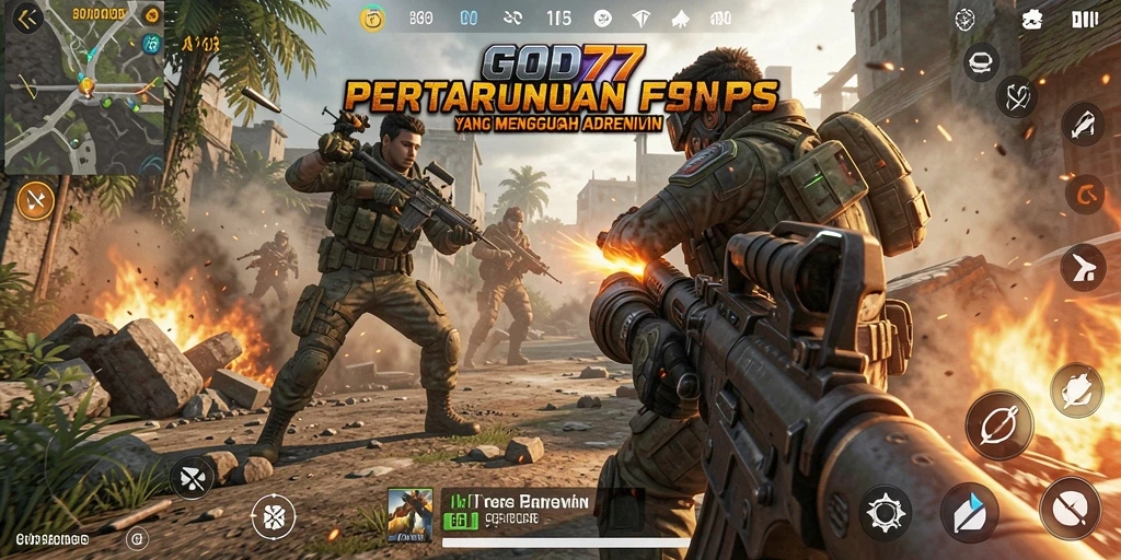 Screenshot gameplay GOD77 menampilkan aksi tembak-menembak yang intens dan mendebarkan.