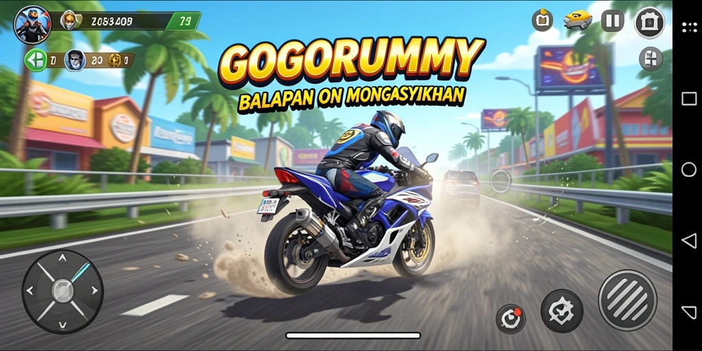 Screenshot utama GOGORUMMY menampilkan aksi balapan motor yang mendebarkan.