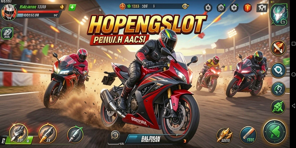 Screenshot gameplay HOPENGSLOT menampilkan balapan motor yang seru dan penuh aksi.