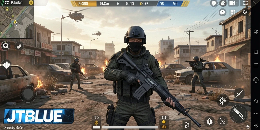 Gameplay JTBLUE yang mendebarkan dengan aksi tembak-menembak intens.