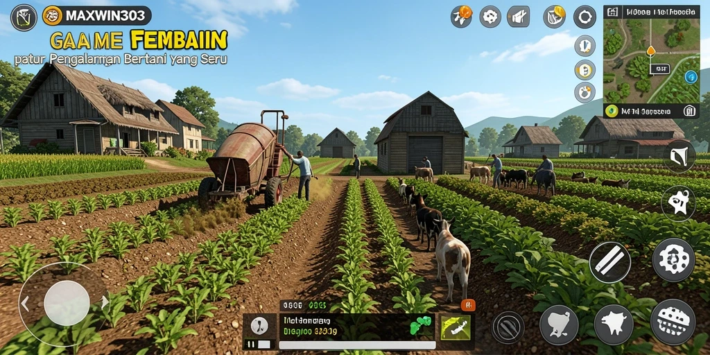 Tampilan gameplay <strong>MAXWIN303</strong> dengan aktivitas bertani yang seru dan dinamis.