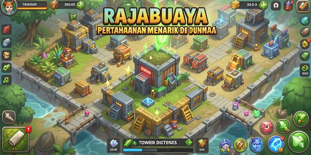 Tampilan gameplay RAJABUAYA dengan menara yang megah dan serangan musuh.