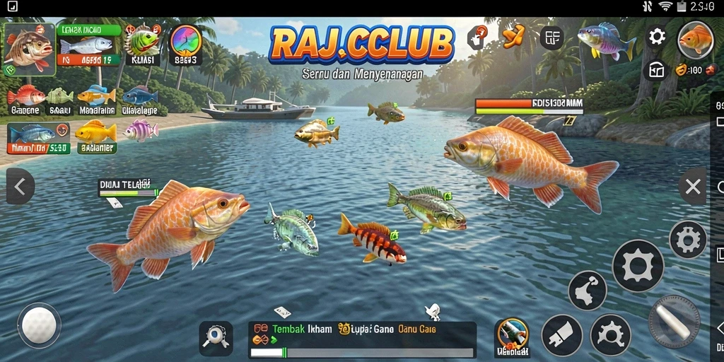 Screenshot RAJACLUB menampilkan aksi menembak ikan yang seru.