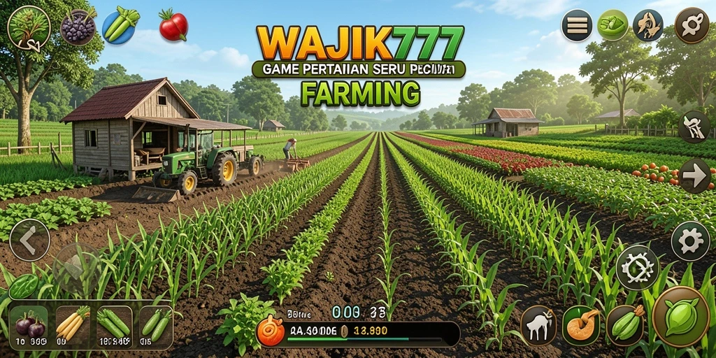 Tampilan gameplay WAJIK777 menampilkan pertanian yang luas dan beragam tanaman.